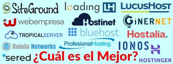 Imagen con los logotipos de los principales Hosting que se pueden contratar en España y abajo el texto "¿Cuál es el Mejor?"